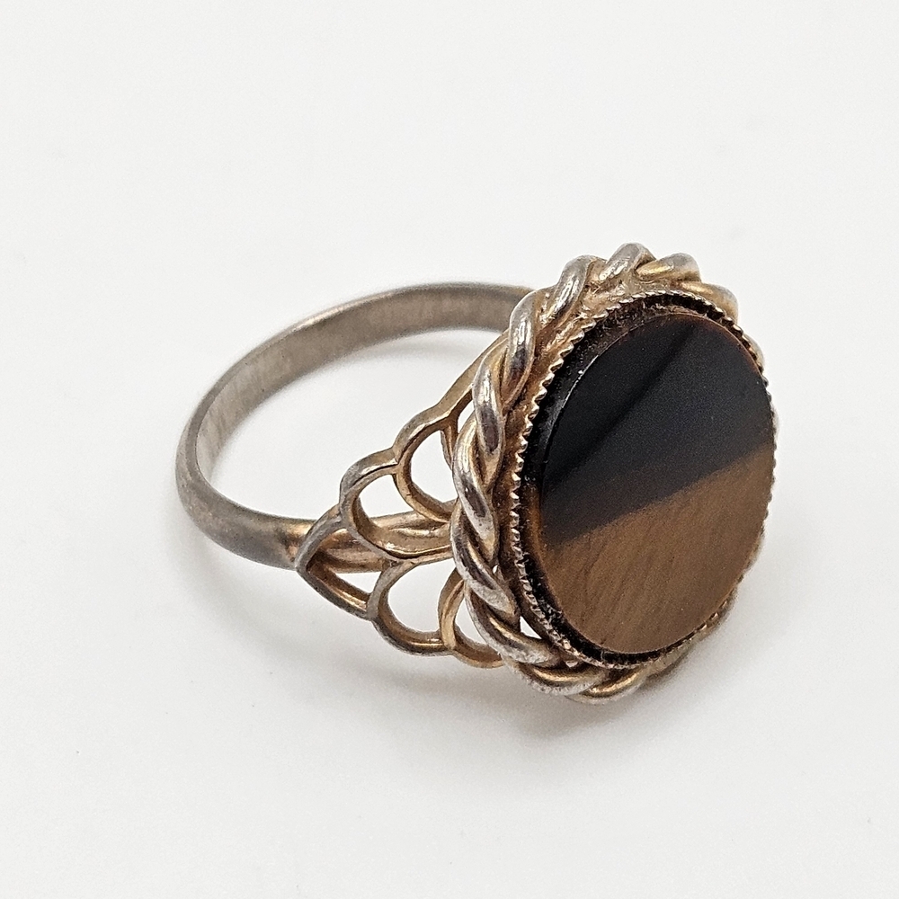 VINTAGE Gold Plated Round Tiger's Eye Rope Ornate Setting Ring 8 Adjustable MCM